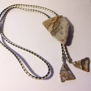 "Vtg Stone Bolo Tie Black White Braided Cord "